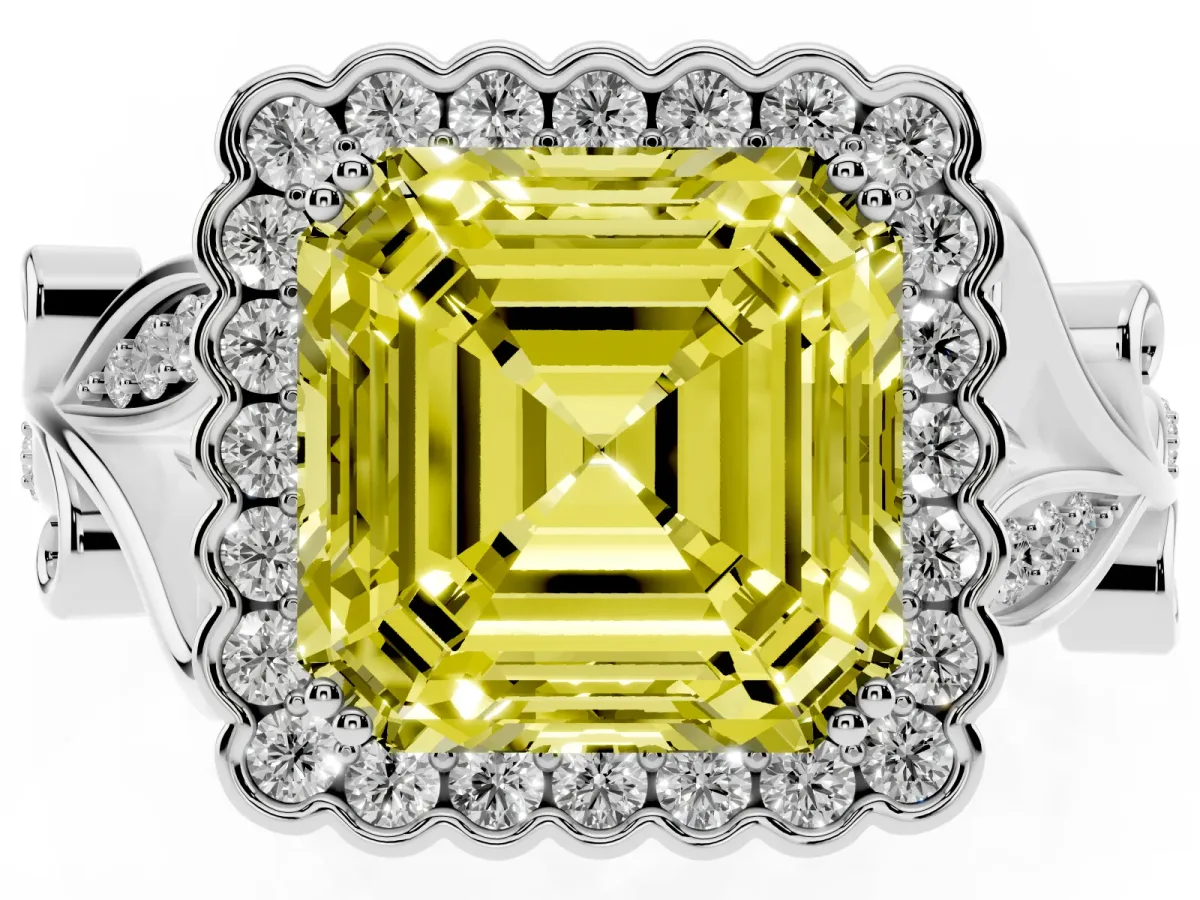Fancy Yellow Asscher Cut Diamond Halo Ring with Vintage Split Shank and Four-Prong Setting Silver