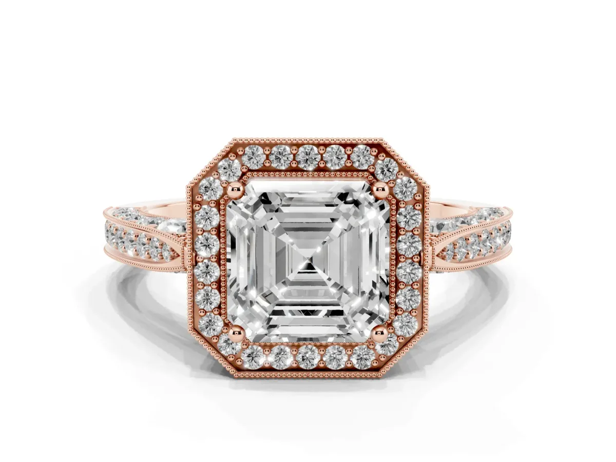 Asscher Cut Halo Diamond Engagement Ring with Split Shank Band and Four-Prong Setting Rose gold