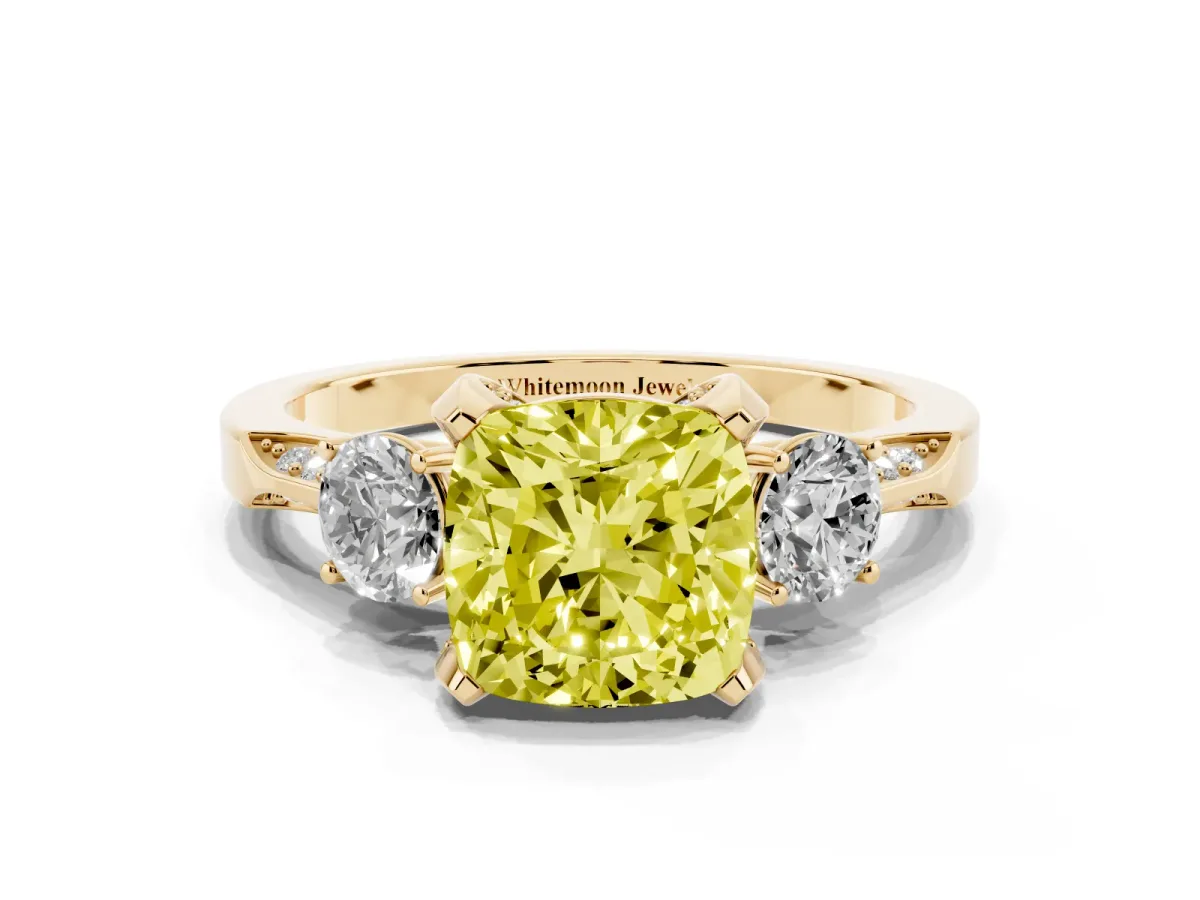 Fancy Yellow Cushion Cut Brilliant Three-Stone Diamond Ring with Pavé Band and Four-Prong Setting Yellow gold