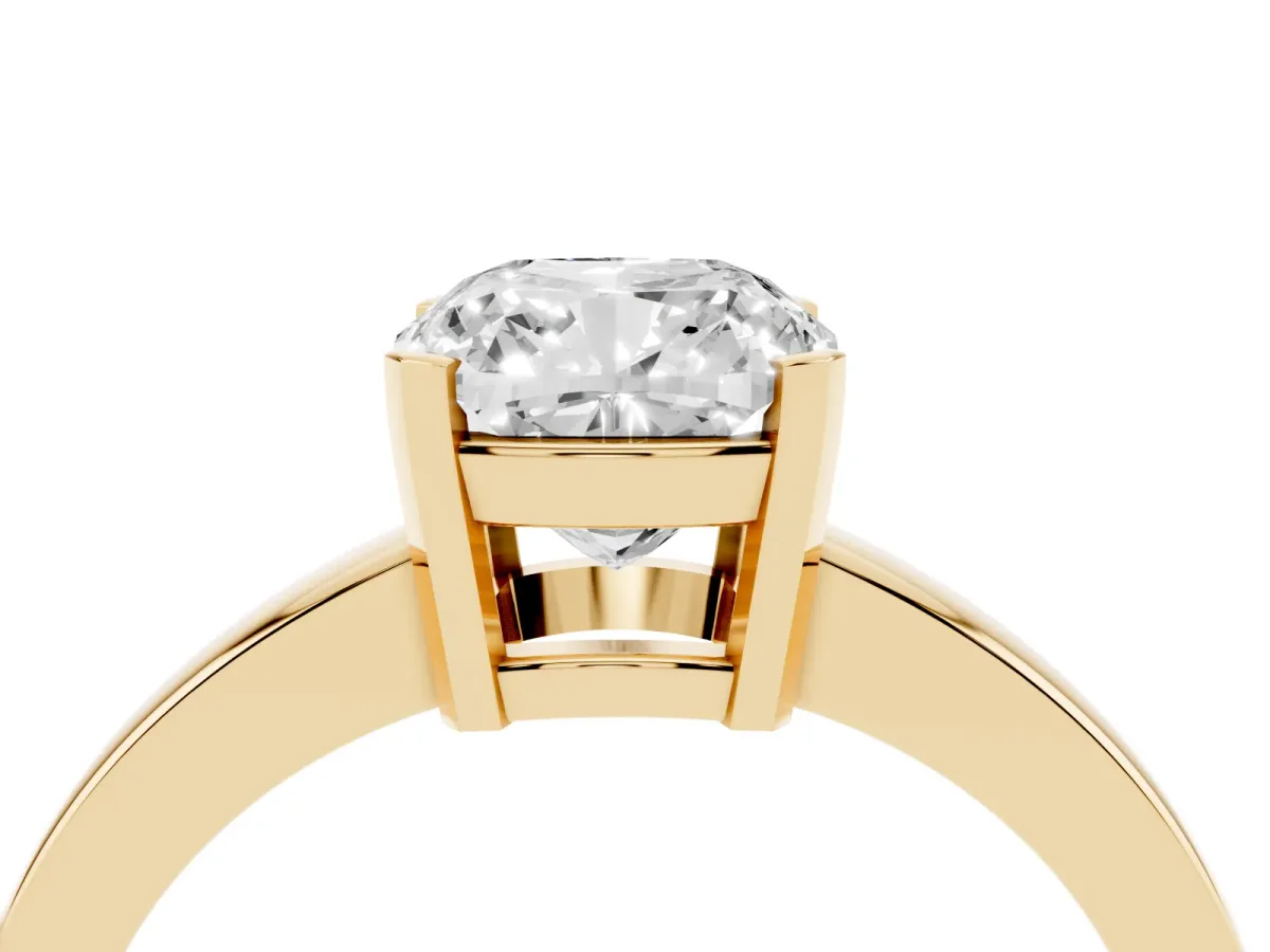 Cushion Cut Cut Solitaire Ring with Four-Prong Setting and Classic Band Yellow gold