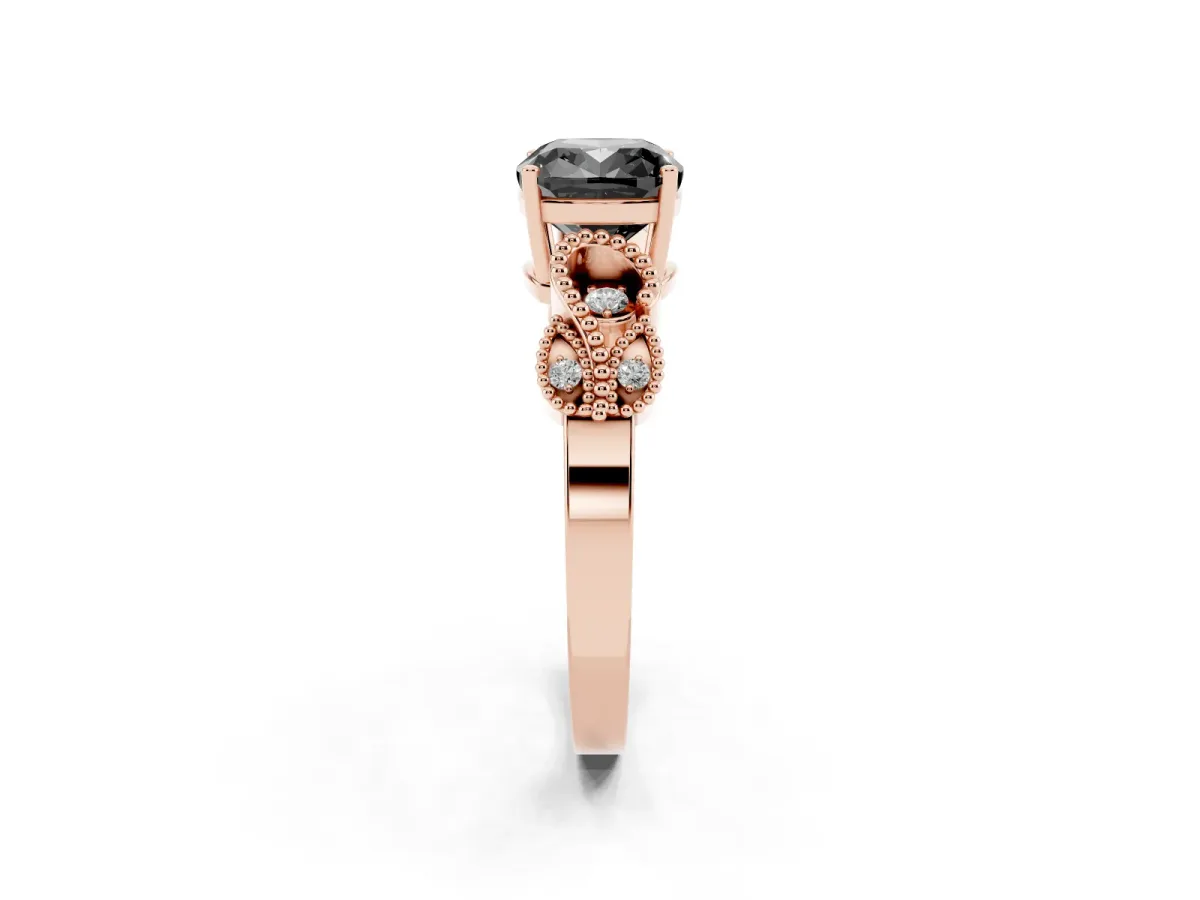 Fancy Black Cushion Cut Solitaire Milgrain Leaf Band with Prong Setting Rose gold