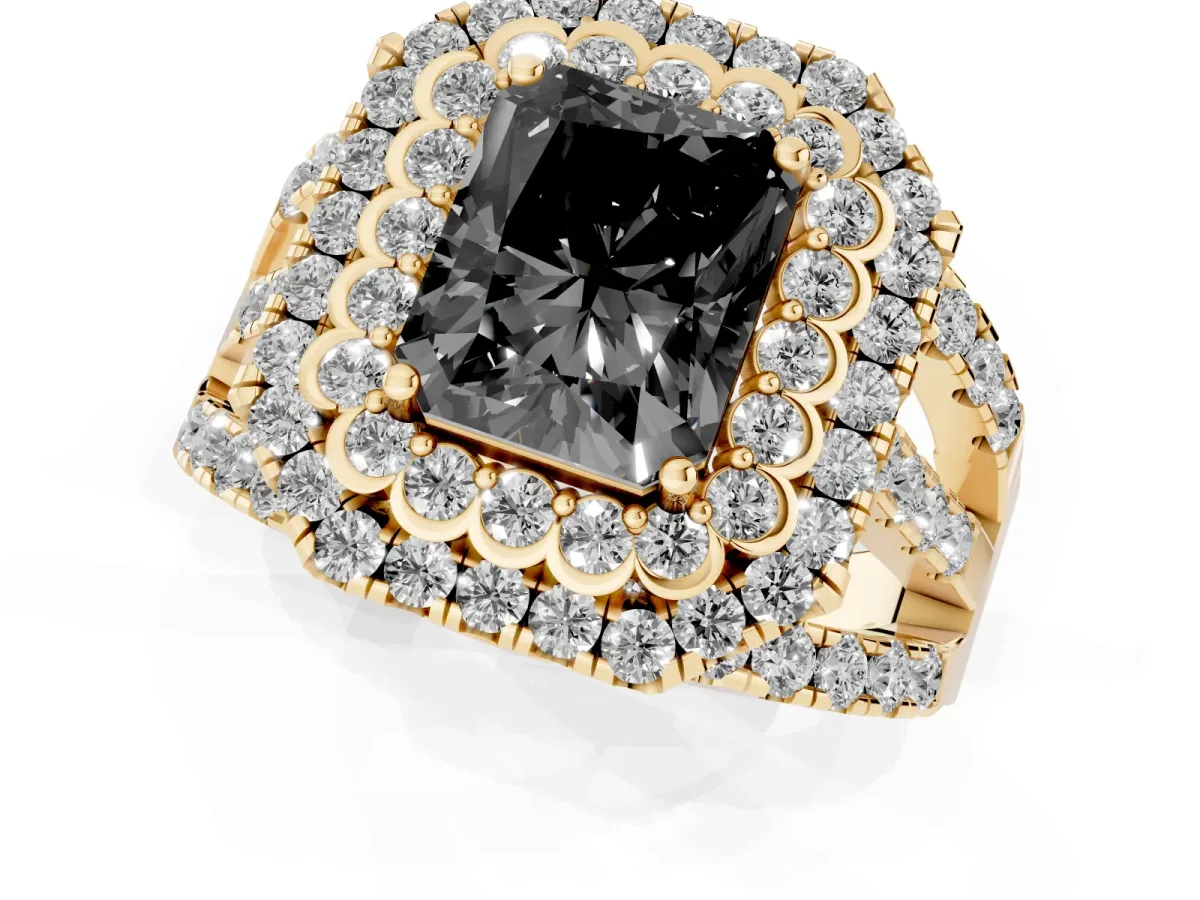 Fancy Black Radiant Cut Diamond Double Halo Ring with Round Pavé Split Shank and Prong Setting Yellow gold