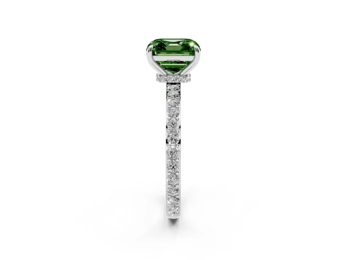Fancy Green Asscher Cut Diamond Solitaire Engagement Ring with Pavé Band and Four-Prong Setting White gold