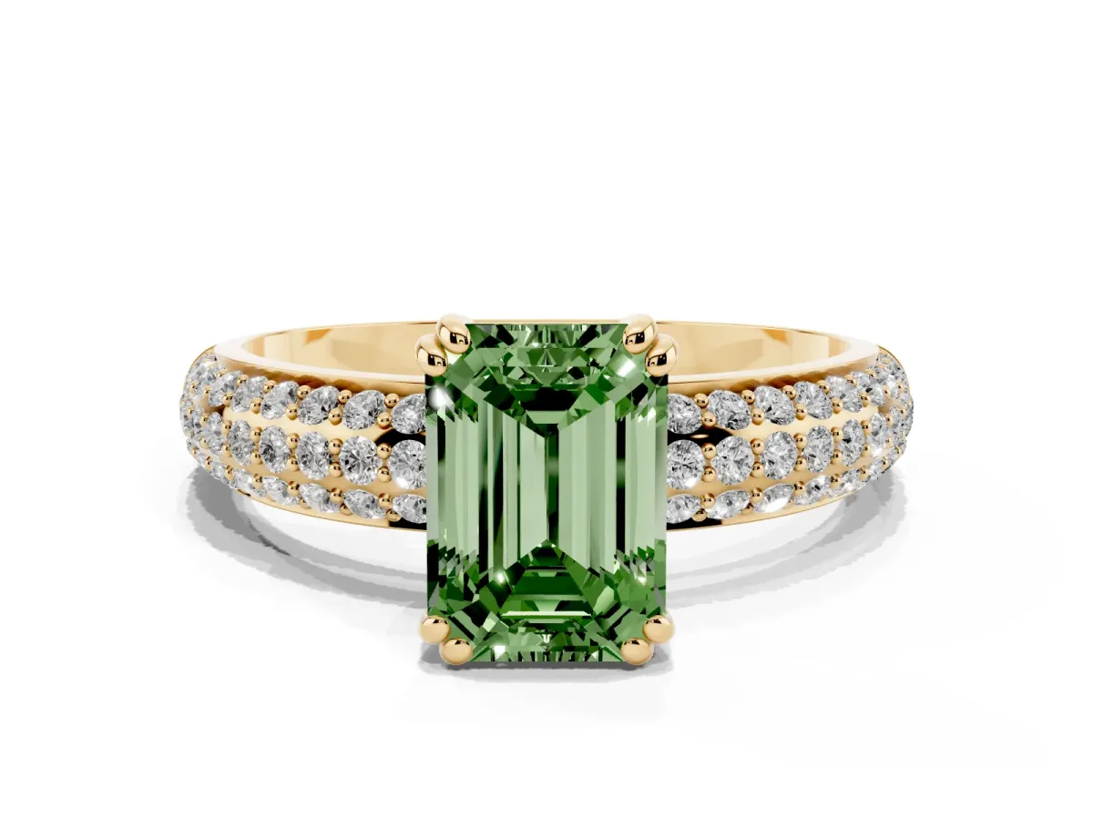 Fancy Green Emerald Cut Diamond Solitaire Ring with Multi-Row Round Pavé Band and Prong Setting Yellow gold