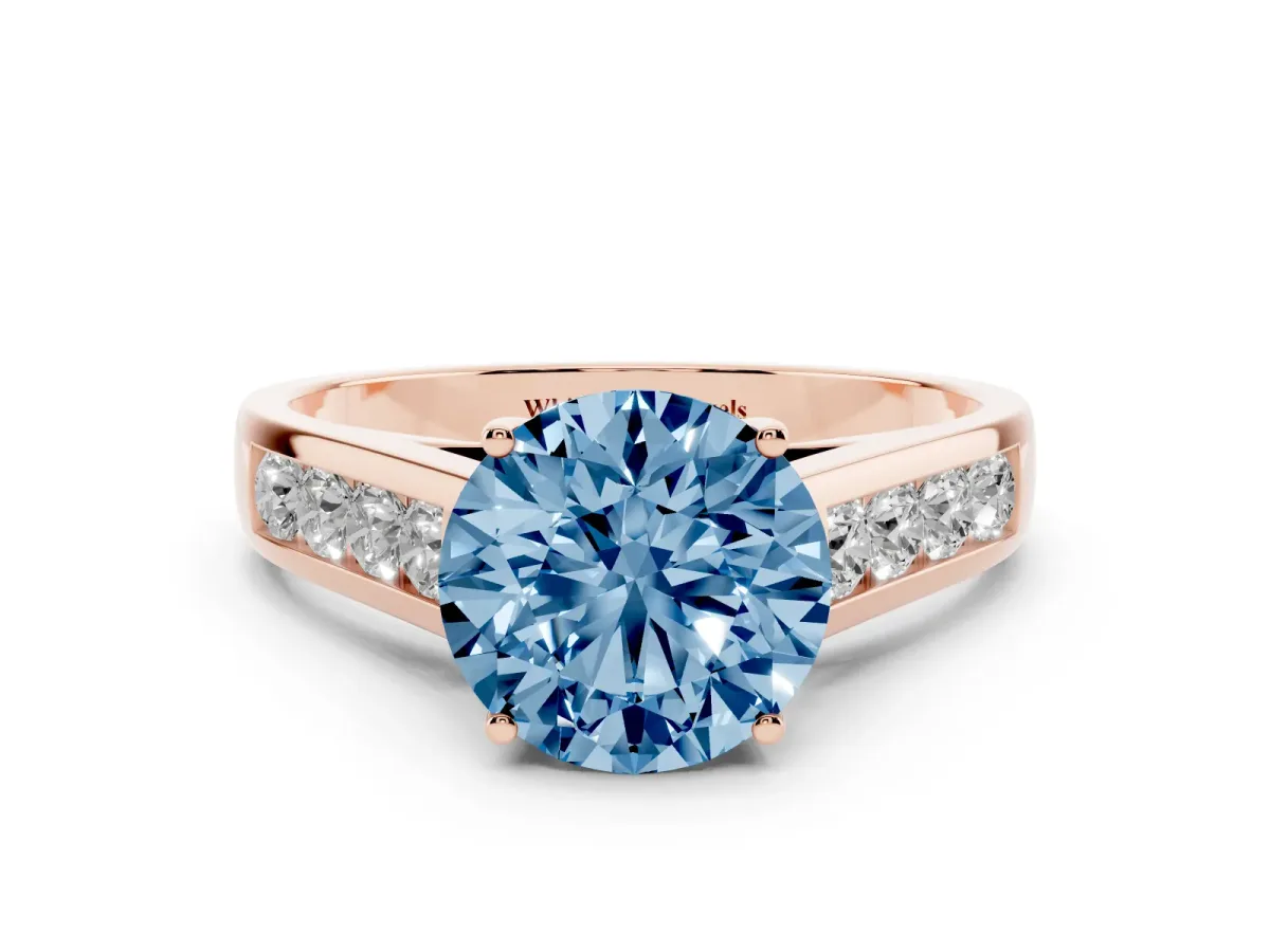 Fancy Blue Round Cut Brilliant Channel-Set Solitaire Ring with Four-Prong Setting Rose gold