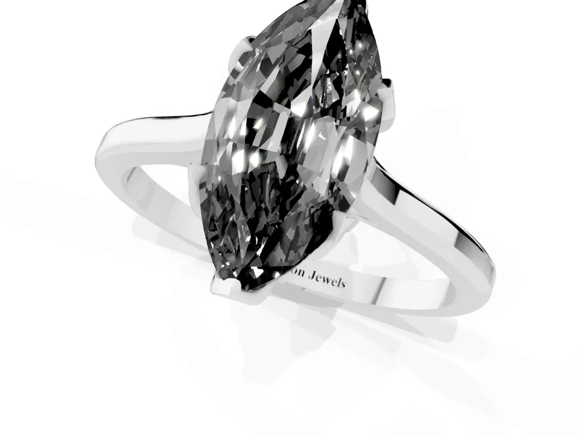 Fancy Black Marquise Cut Diamond Solitaire Ring with Flower Prong Setting and Classic Band Silver