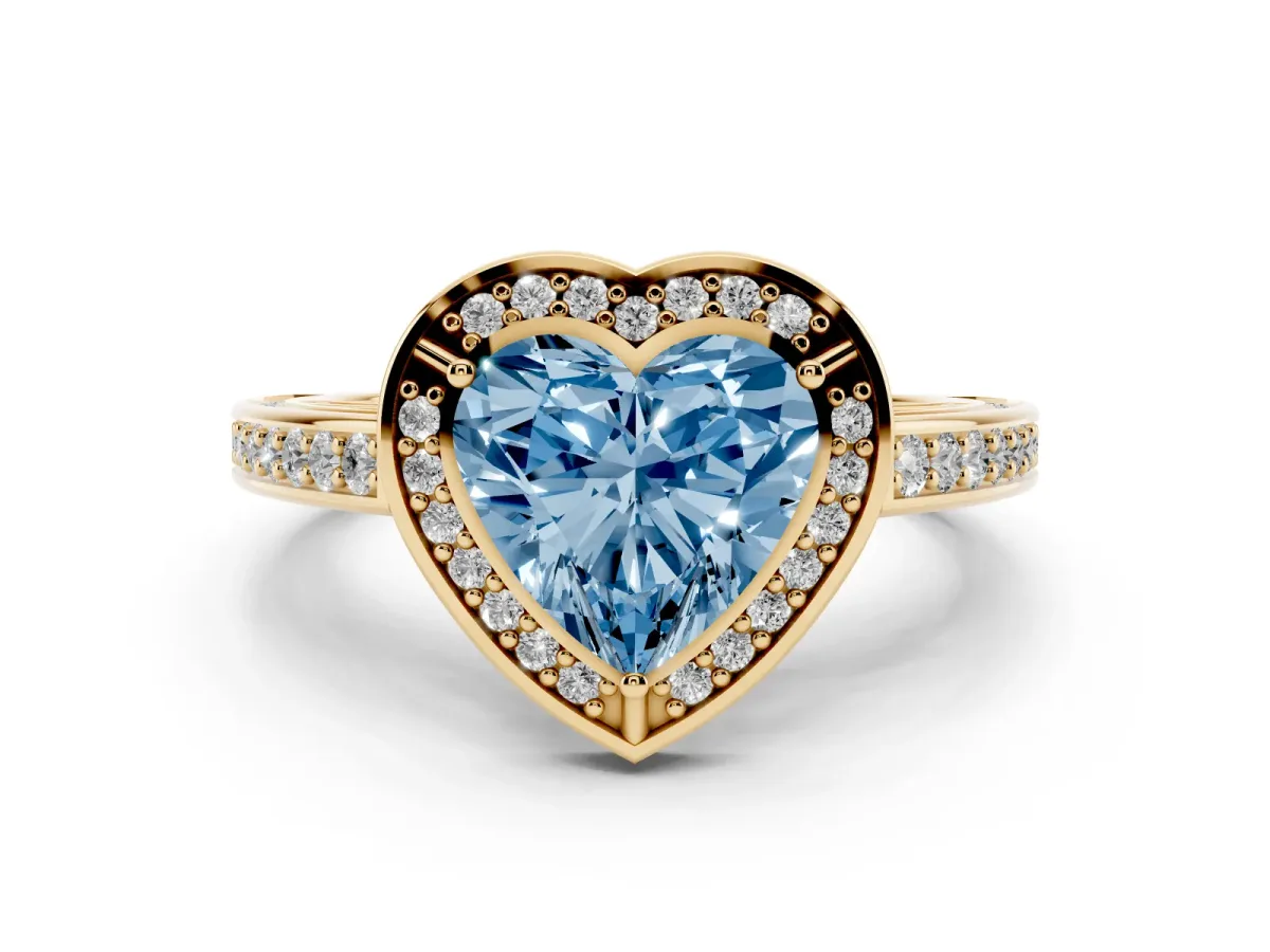 Fancy Blue Heart Cut Cut Halo Pave Split Shank Prong Setting Ring Yellow gold