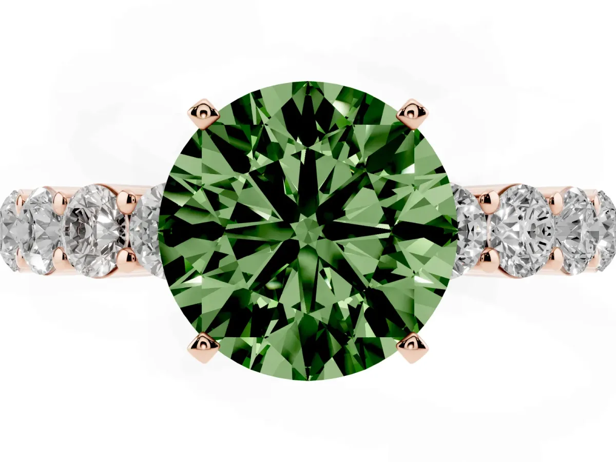 Fancy Green Round Cut Diamond Solitaire Ring with Shared Prong Round Side Stones Rose gold