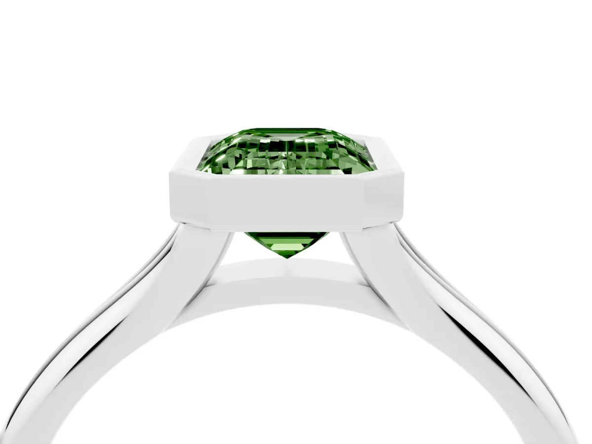 Fancy Green Bezel Set Emerald Cut Solitaire Diamond Ring with Smooth Band Silver