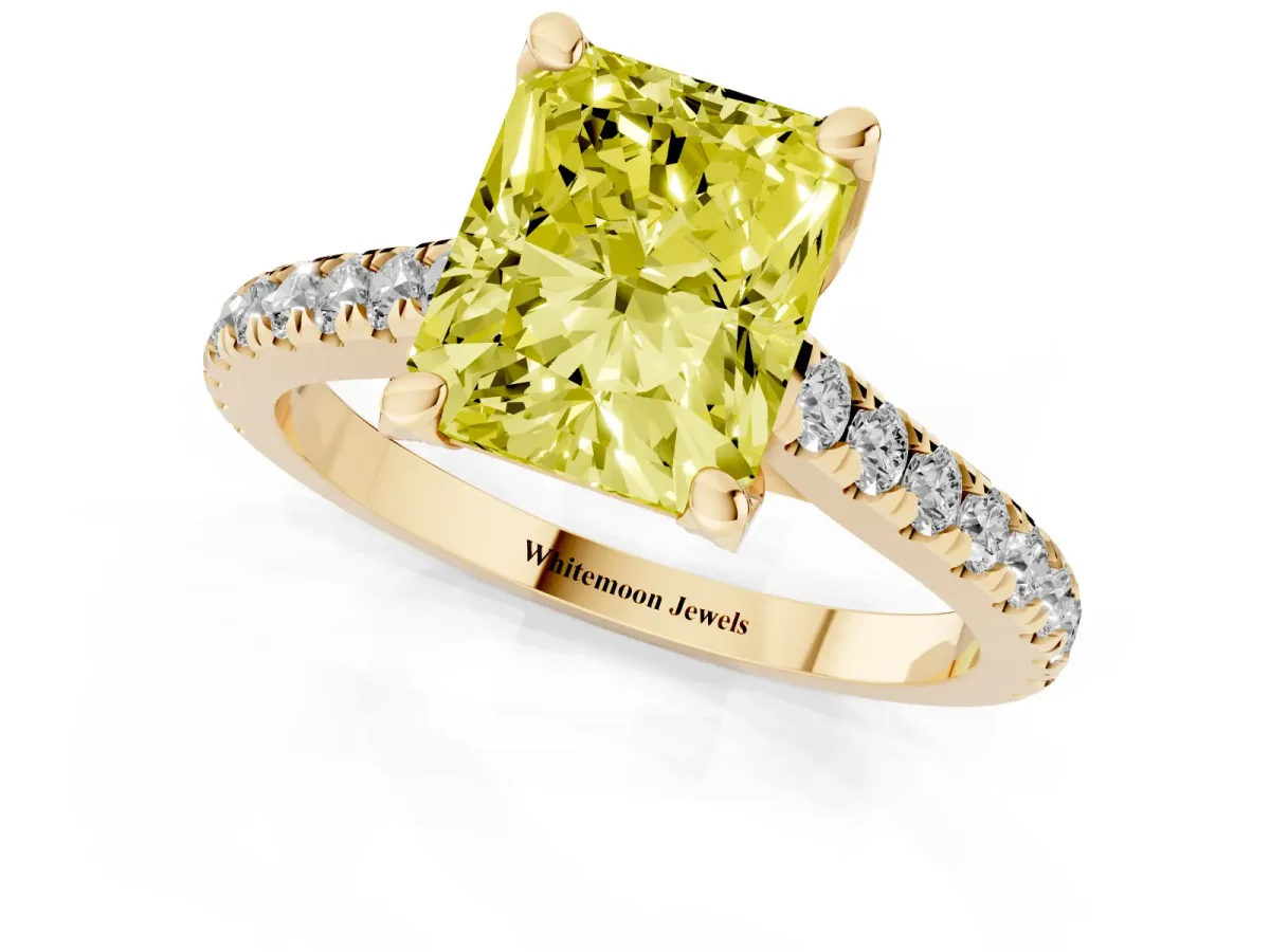 Fancy Yellow Radiant Cut Brilliant Diamond Solitaire with Pavé Band and Four-Prong Setting Yellow gold