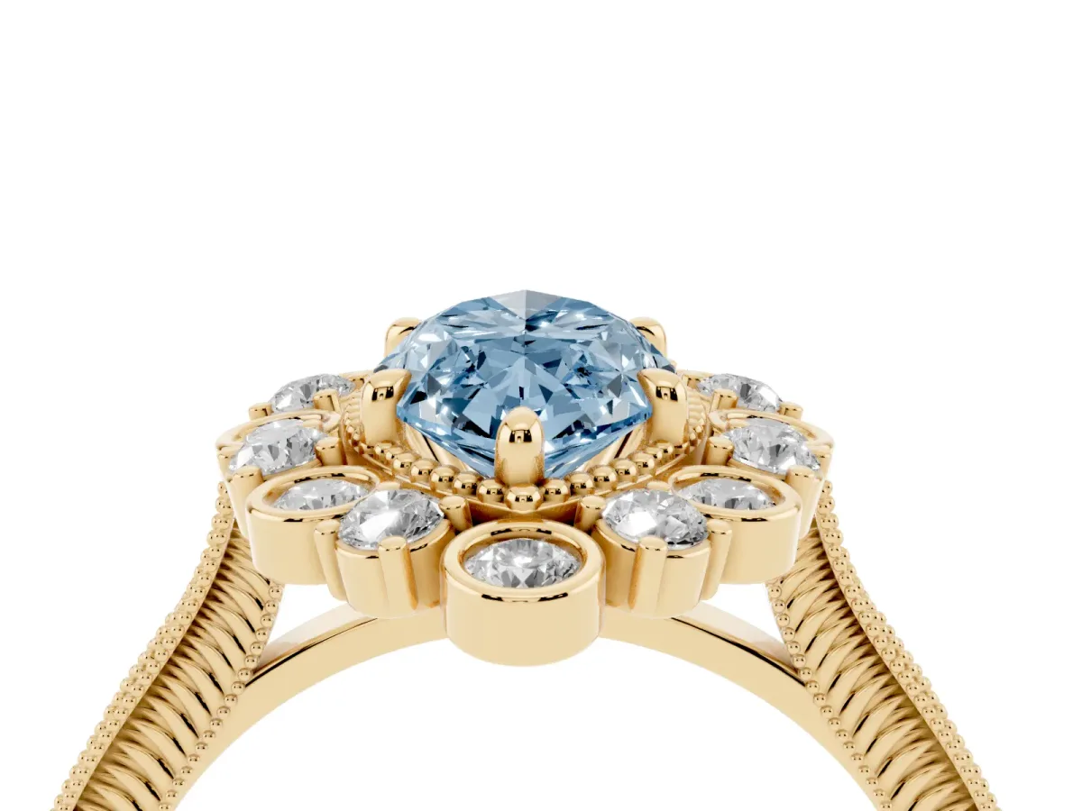 Fancy Blue Marquise Cut Halo Milgrain Pave Diamond Ring with Four-Prong Setting Yellow gold