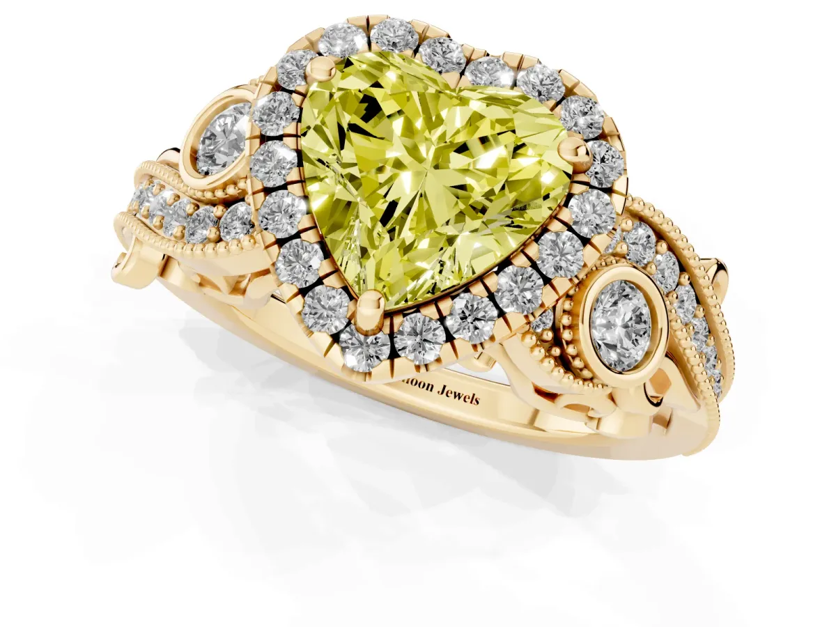 Fancy Yellow Heart Cut Halo Diamond Ring with Milgrain and Bezel Accents on a Split Shank Band Yellow gold