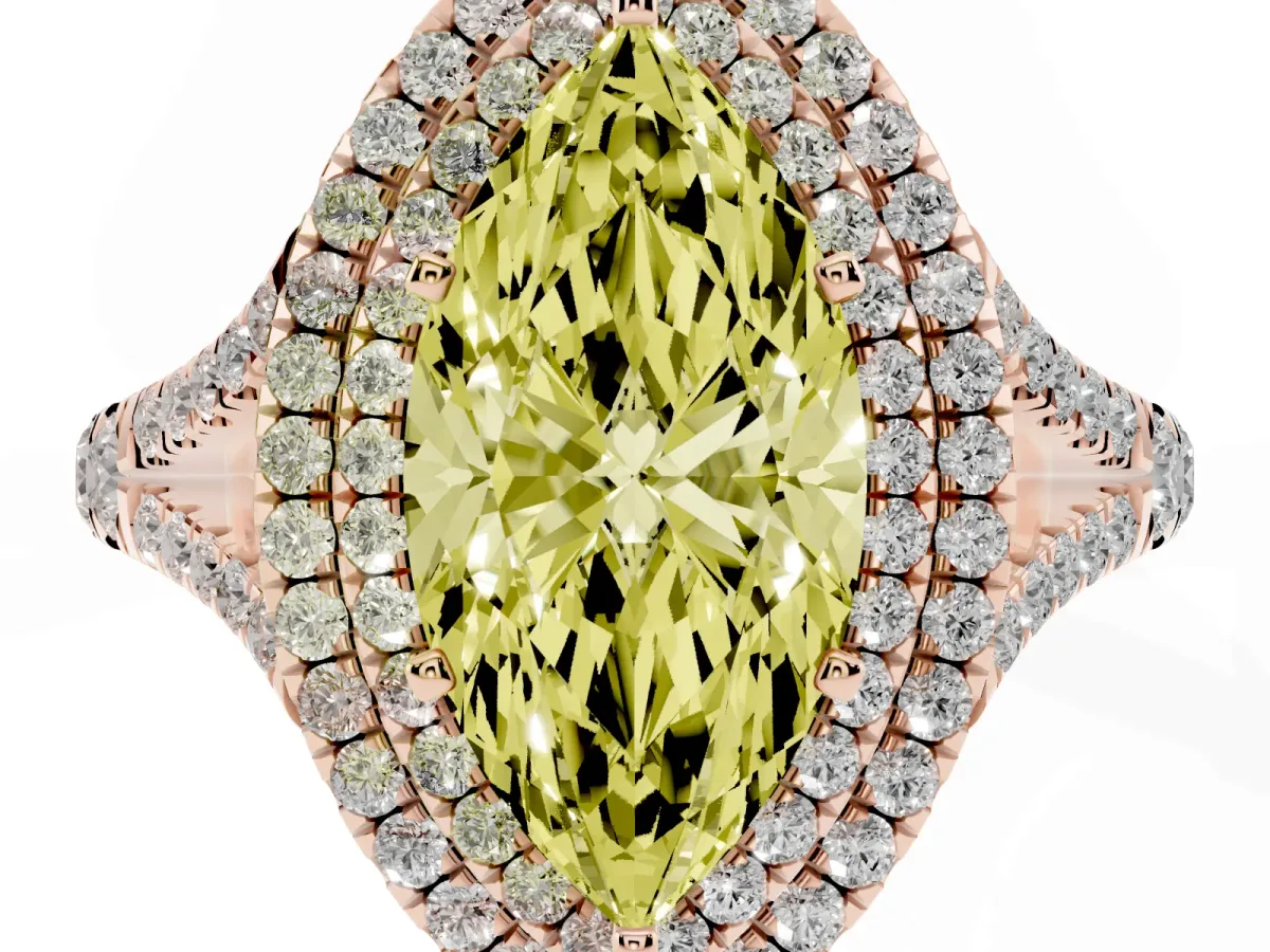 Fancy Yellow Marquise Cut Diamond Pavé Split Shank Double Halo Engagement Ring Rose gold
