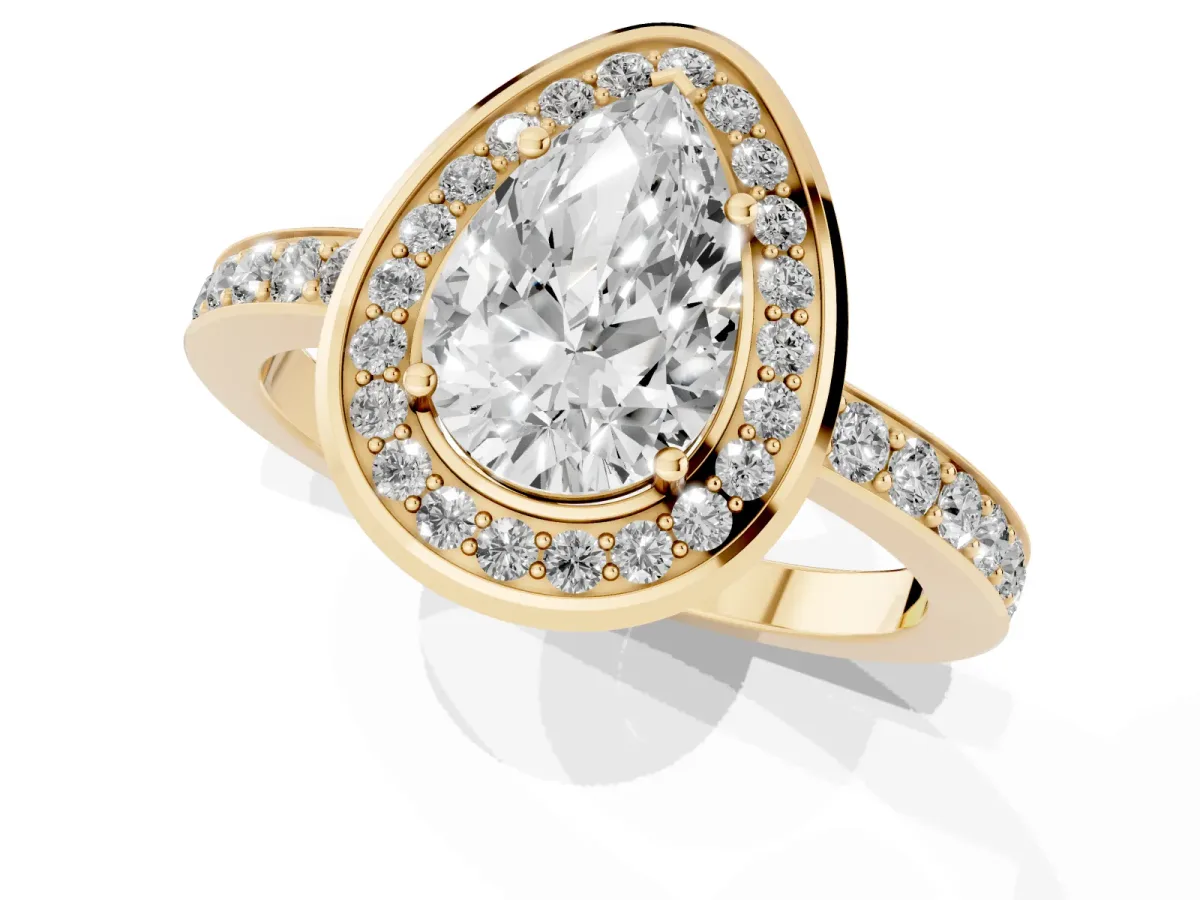 Pear Cut Diamond Halo Ring with Bezel Frame and Pavé Band Yellow gold