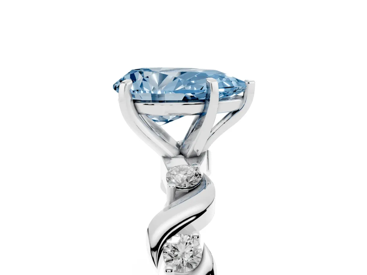 Fancy Blue Pear Cut Diamond Solitaire Twisted Band with Round Accents and Prong Setting Platinum