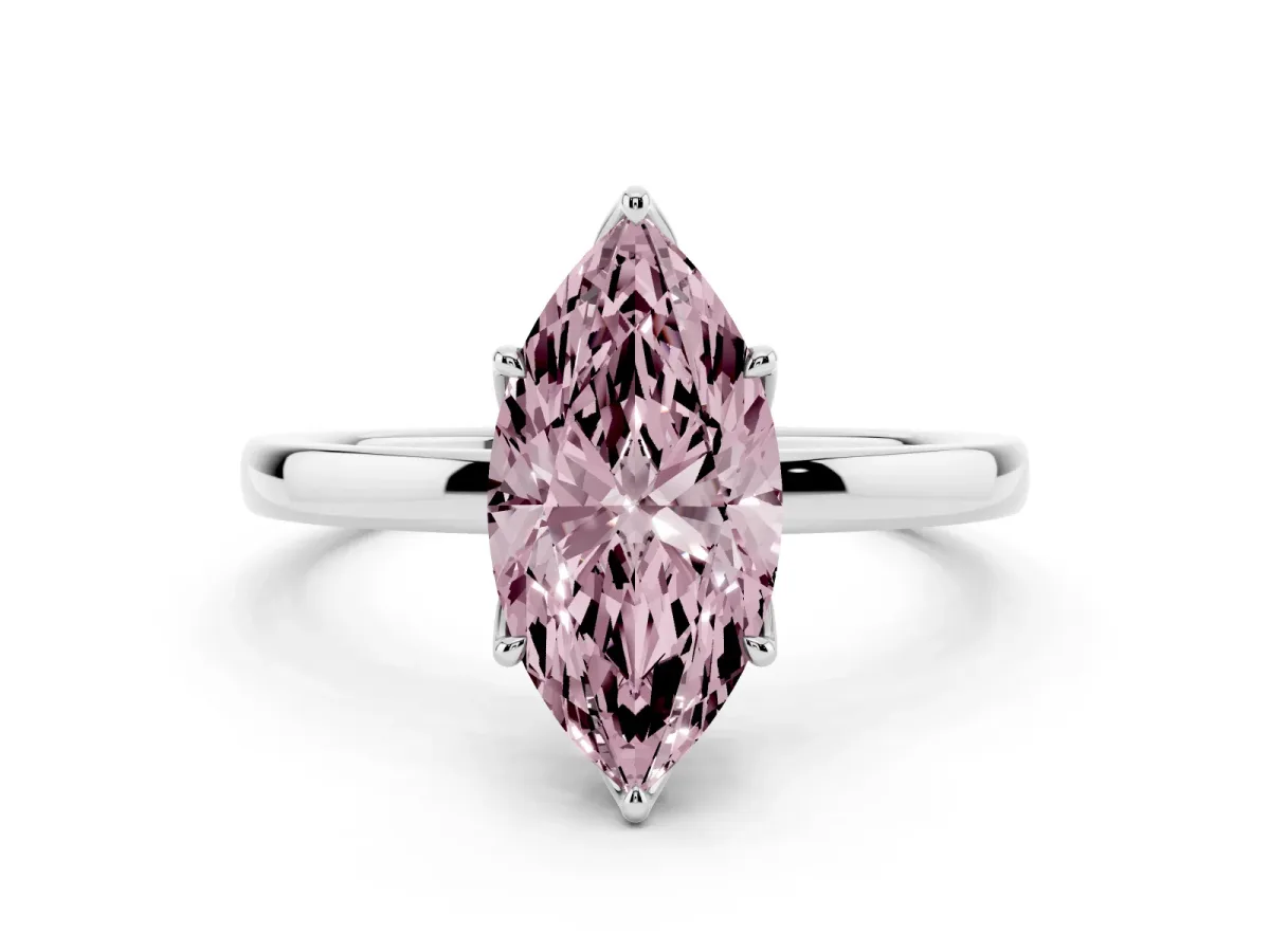 Fancy Pink Marquise Cut Diamond Solitaire Ring with Thin Band and Prong Setting Silver