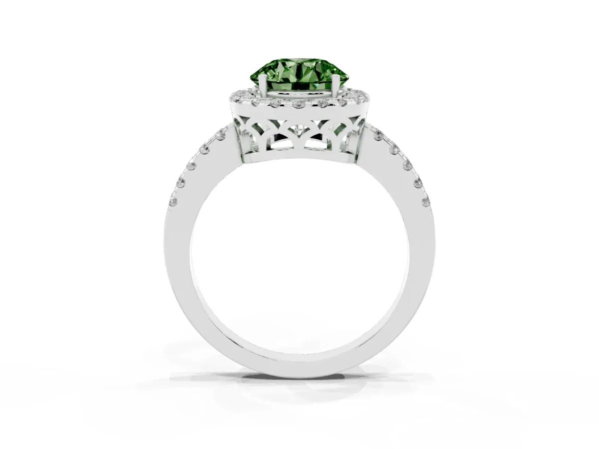 Fancy Green Round Cut Halo Diamond Engagement Ring with Pavé Band and Four-Prong Setting Platinum