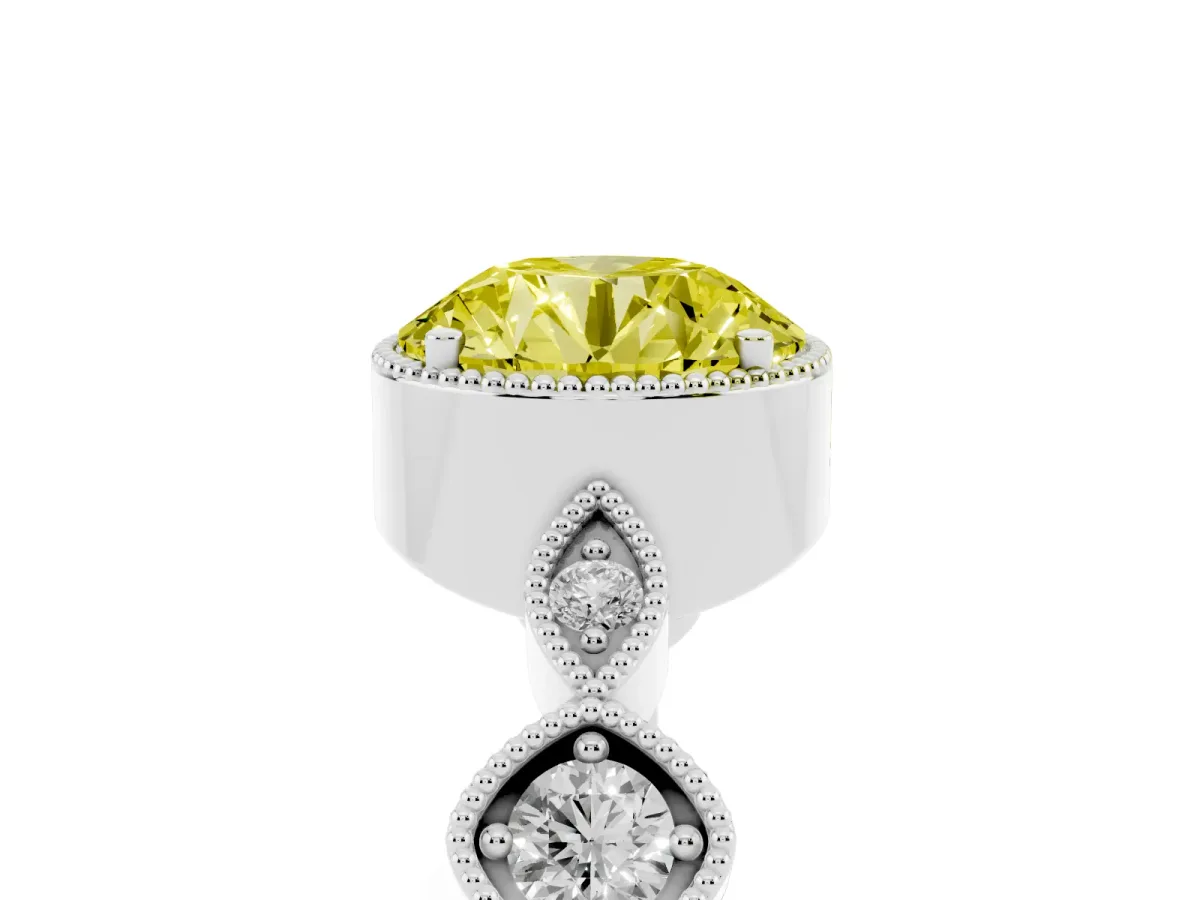 Fancy Yellow Round Cut Diamond Vintage Milgrain Ring with Round Stations Platinum