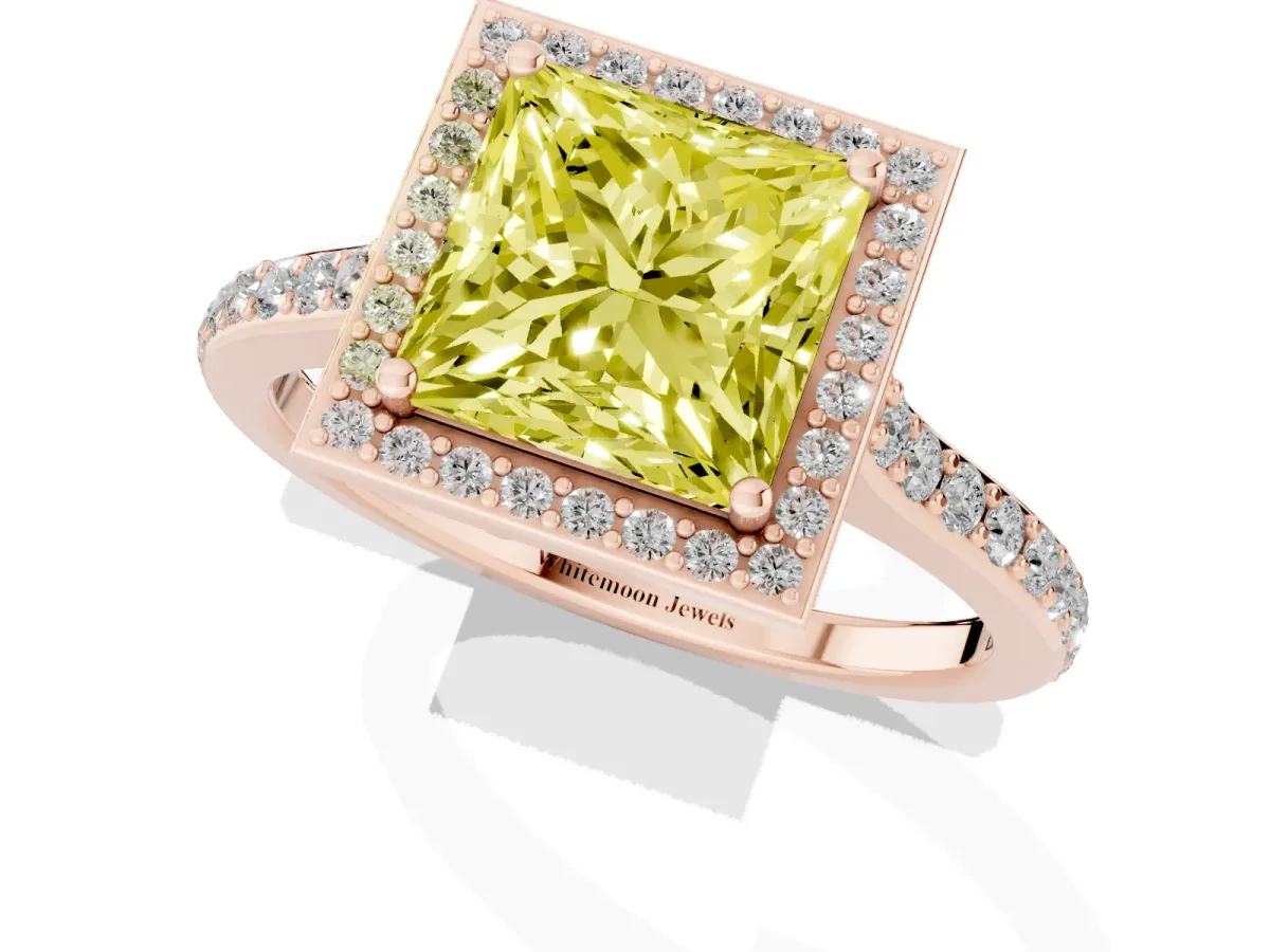 Fancy Yellow Princess Cut Diamond Halo Engagement Ring with Round Pavé Shoulders and Prong Setting Rose gold
