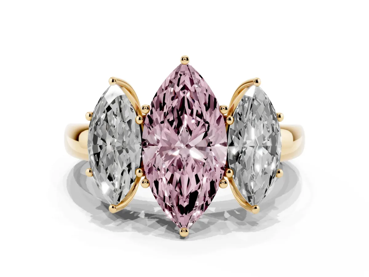 Fancy Pink Marquise Cut Diamond Three-Stone Ring with Four-Prong Setting and Classic Band Yellow gold