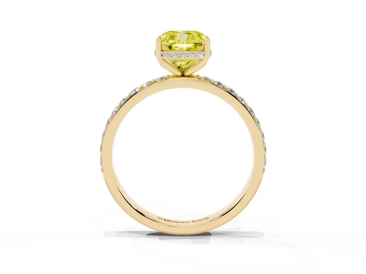 Fancy Yellow Cushion Cut Diamond Solitaire Ring with Pavé Band and Hidden Halo Yellow gold