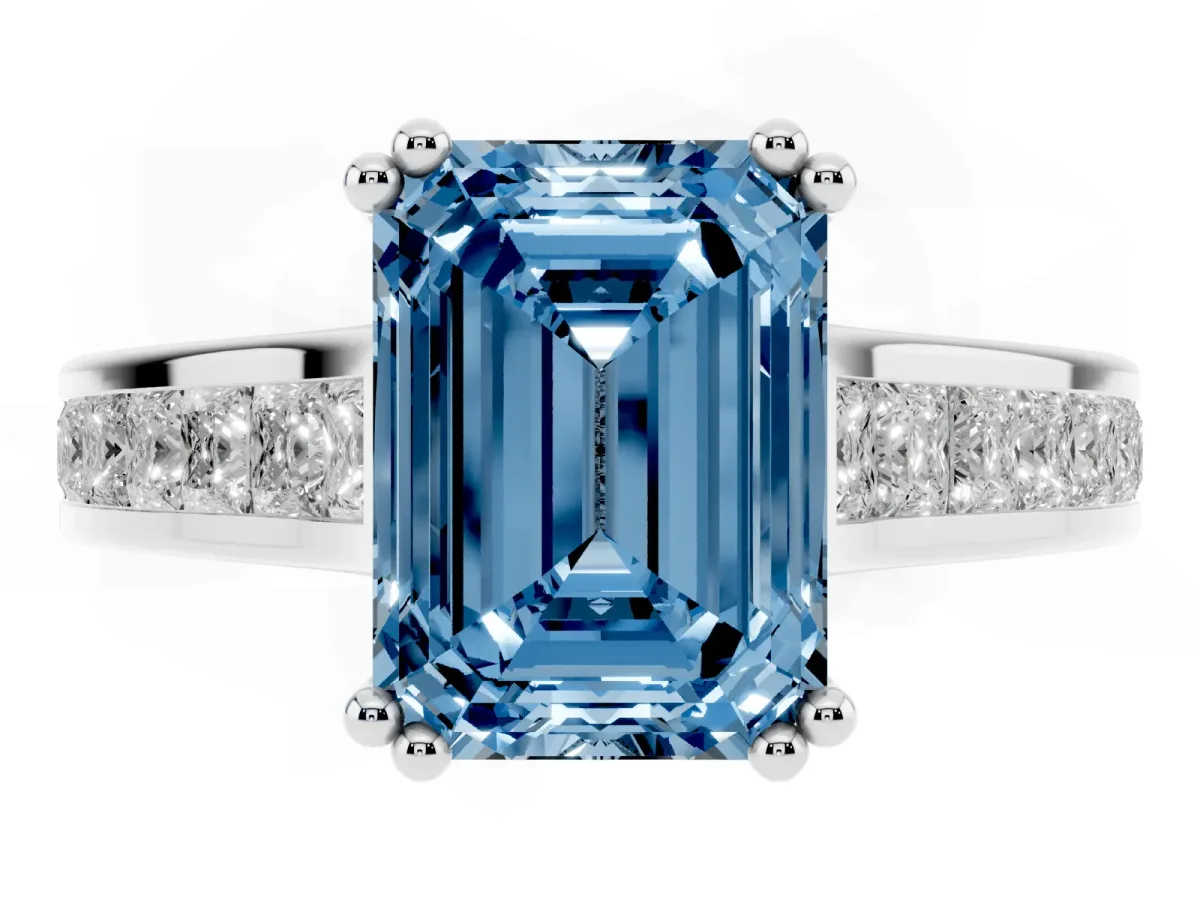 Fancy Blue Emerald Cut Cut Channel Set Solitaire Engagement Ring with Prong Setting Silver