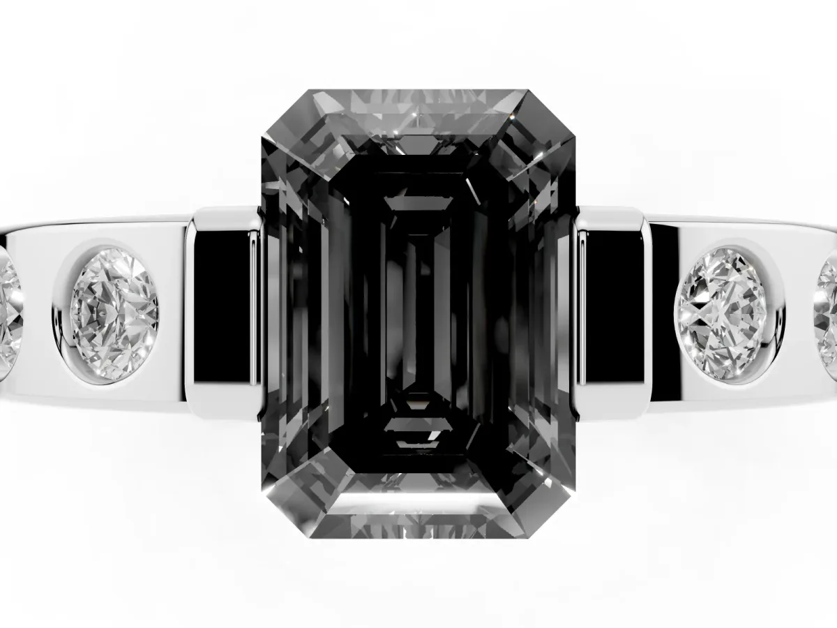Fancy Black Emerald Cut Brilliant Channel-Set Diamond Ring with Bezel Prong Setting Platinum