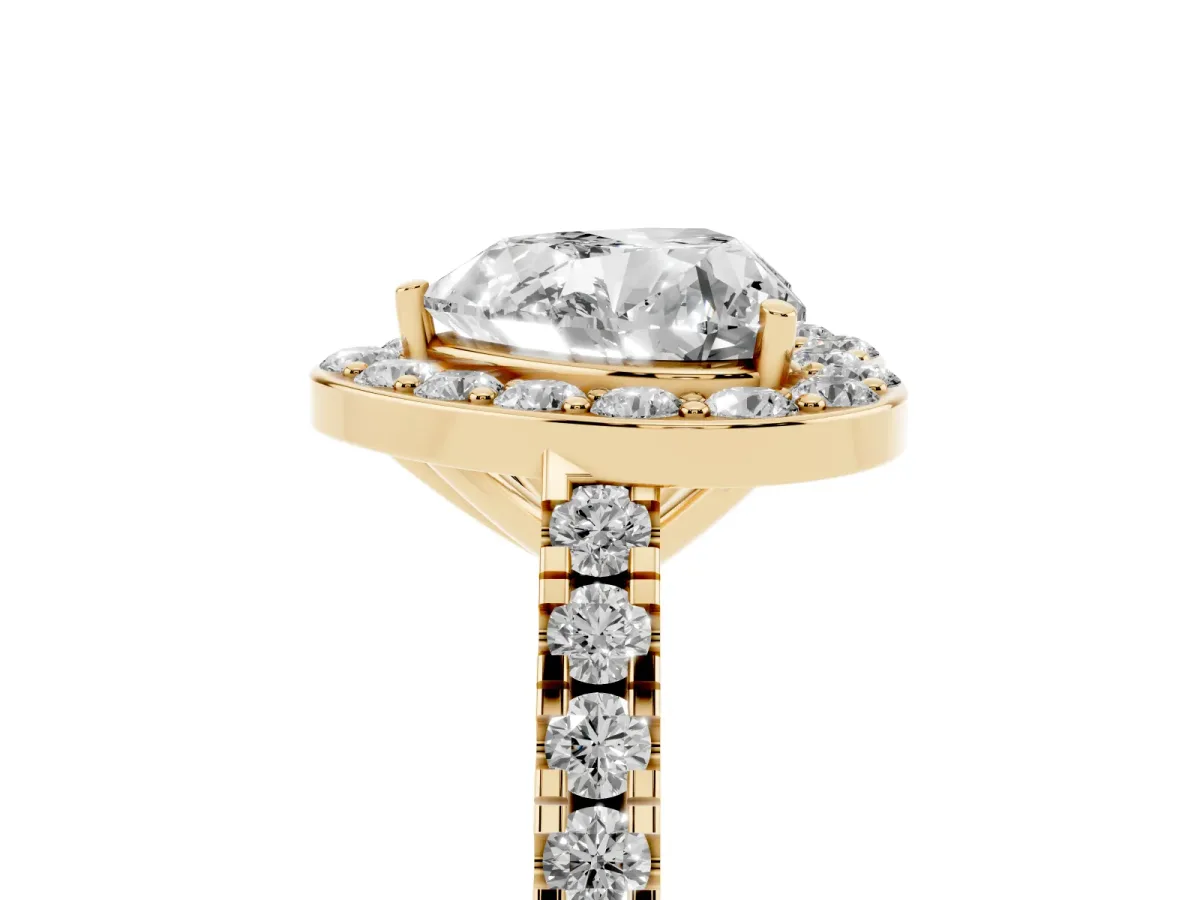 Heart Cut Diamond Halo Ring with Round Pavé Split Shank and Prong Setting Yellow gold