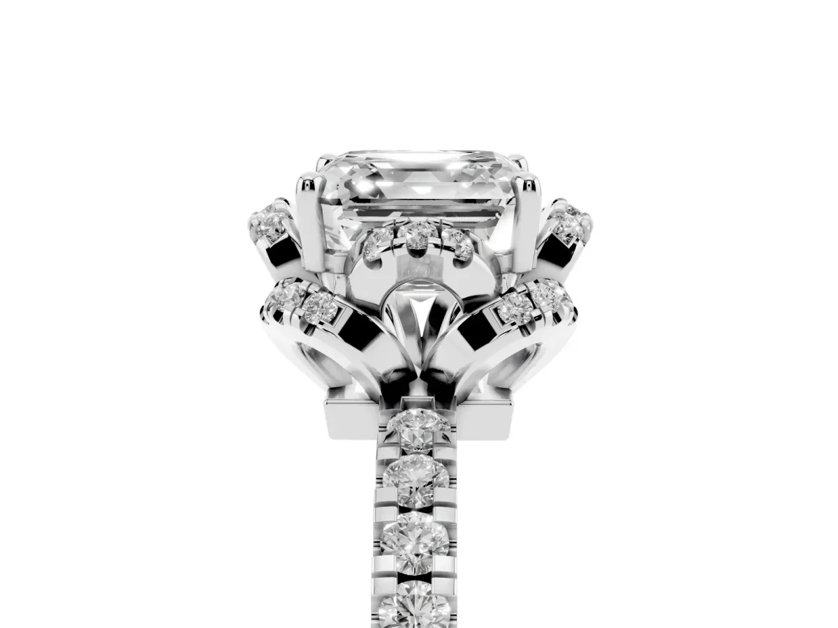 Asscher Cut Halo Diamond Pave Band Ring with Four-Prong Setting Silver