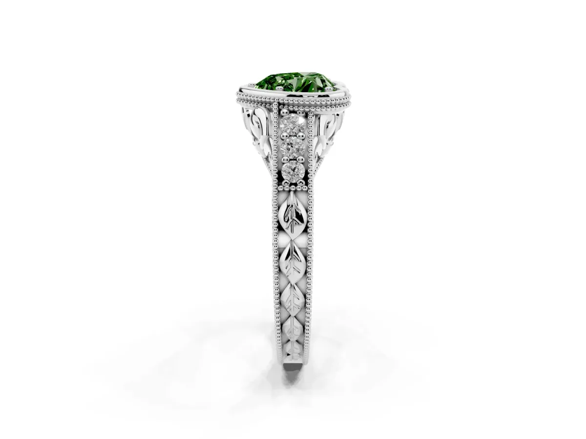 Fancy Green Bezel Set Heart Cut Diamond Milgrain Pave Engagement Ring Platinum