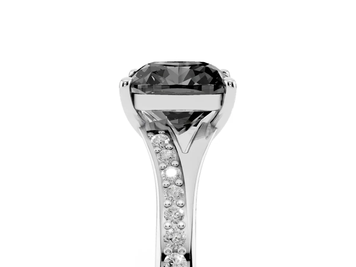 Fancy Black Cushion Cut Diamond Solitaire Ring with Pavé Band and Prong Setting Silver