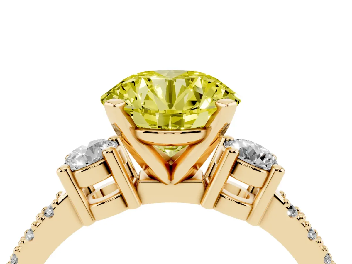 Fancy Yellow Round Cut Three-Stone Diamond Pavé Band with Prong Setting Yellow gold