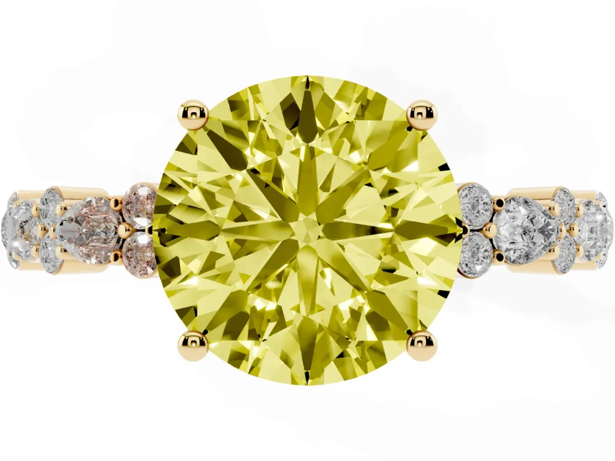 Fancy Yellow Round Cut Diamond Side Stone Solitaire Ring with Round and Four-Prong Setting Yellow gold