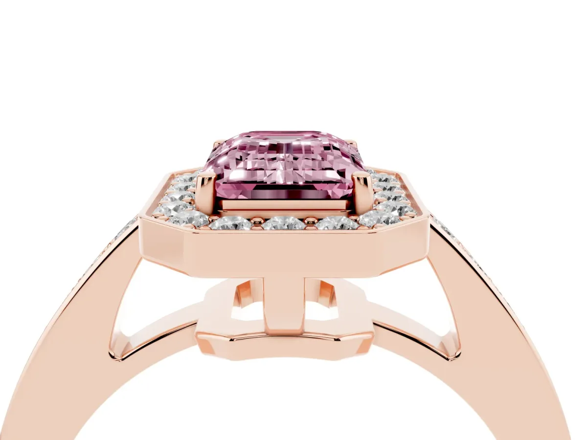 Fancy Pink Emerald Cut Halo Pavé Diamond Engagement Ring with Bezel Setting Rose gold