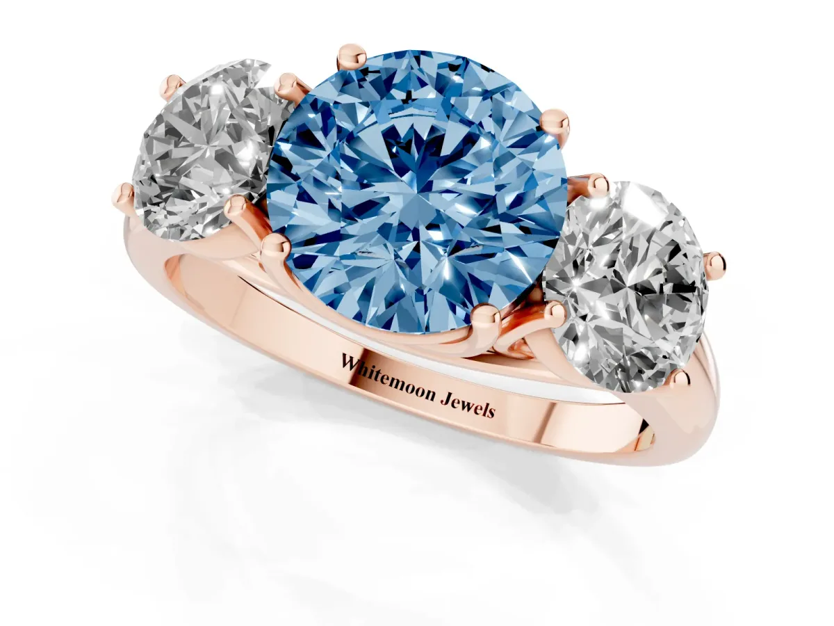 Fancy Blue Three-Stone Round Cut Diamond Engagement Ring with Prong Setting Rose gold