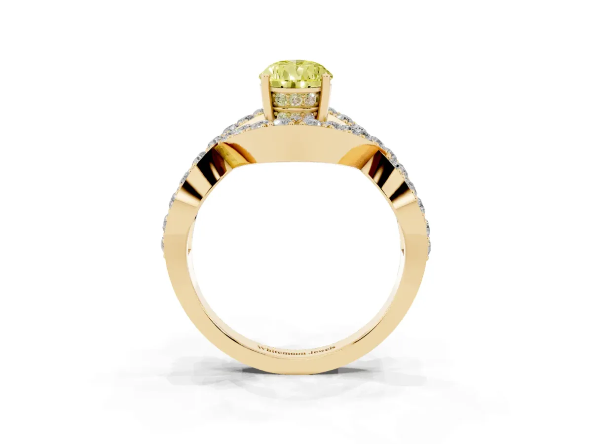 Fancy Yellow Pear Cut Solitaire Twist Band Pavé Diamond Engagement Ring Yellow gold