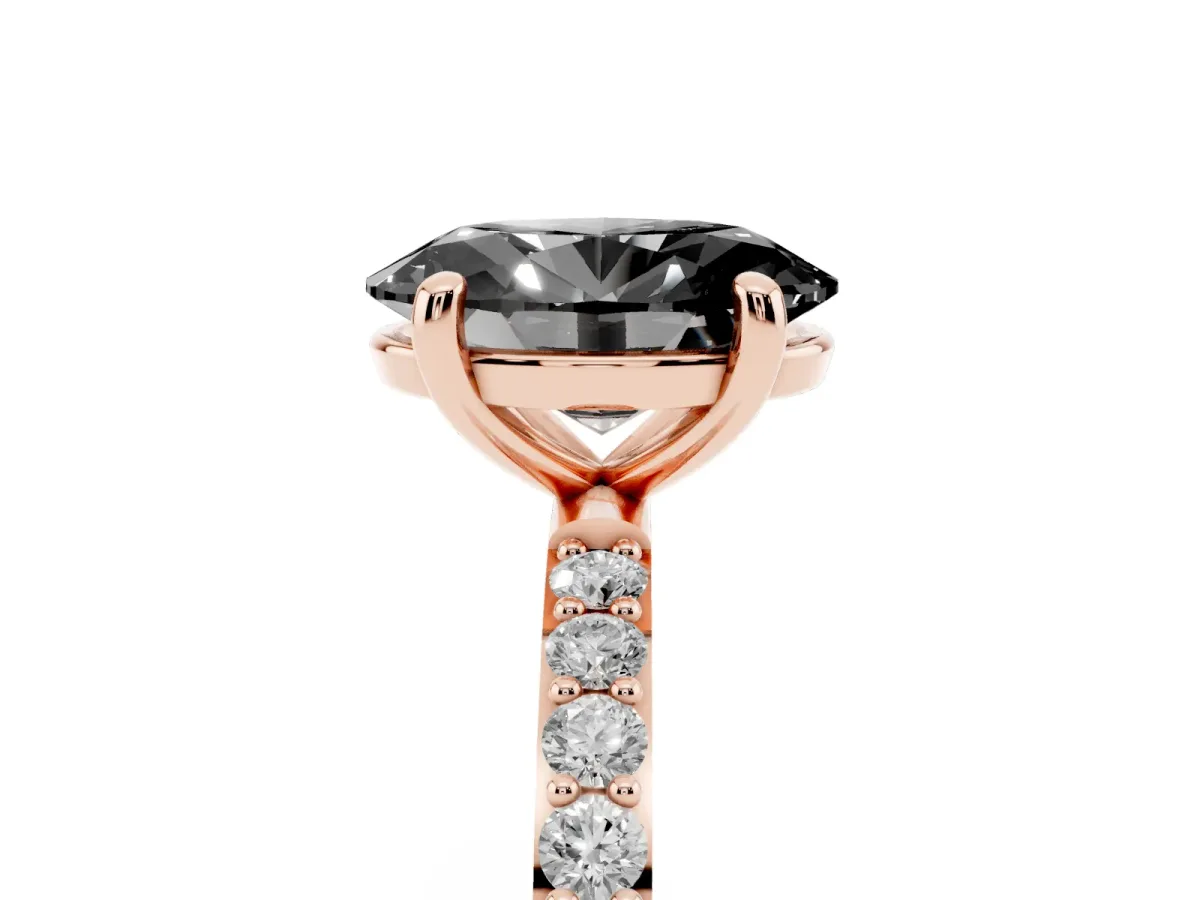 Fancy Black Oval Cut Diamond Solitaire Ring with Round Pavé Band and Prong Setting Rose gold