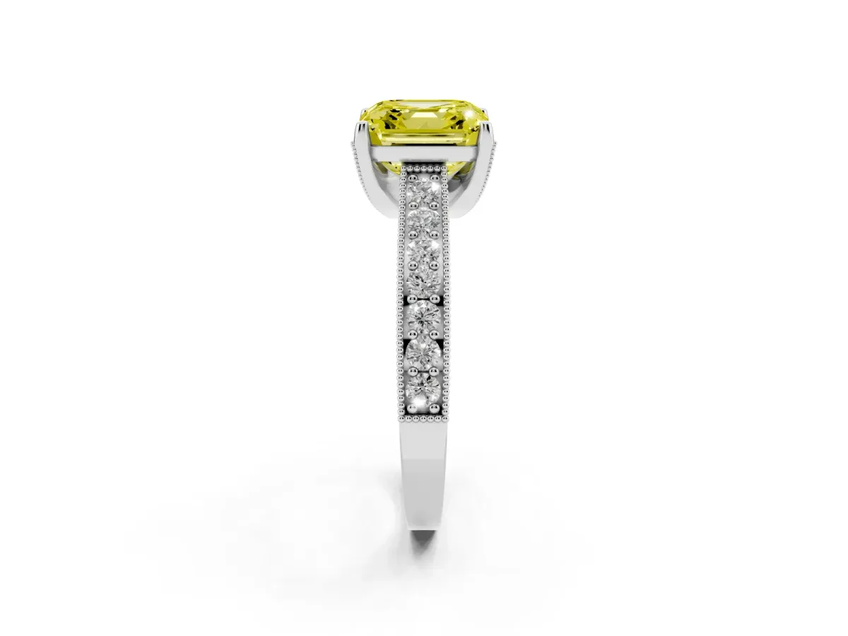 Fancy Yellow Asscher Cut Cut Diamond Solitaire Ring with Milgrain Pave Band and Four Prong Setting Silver