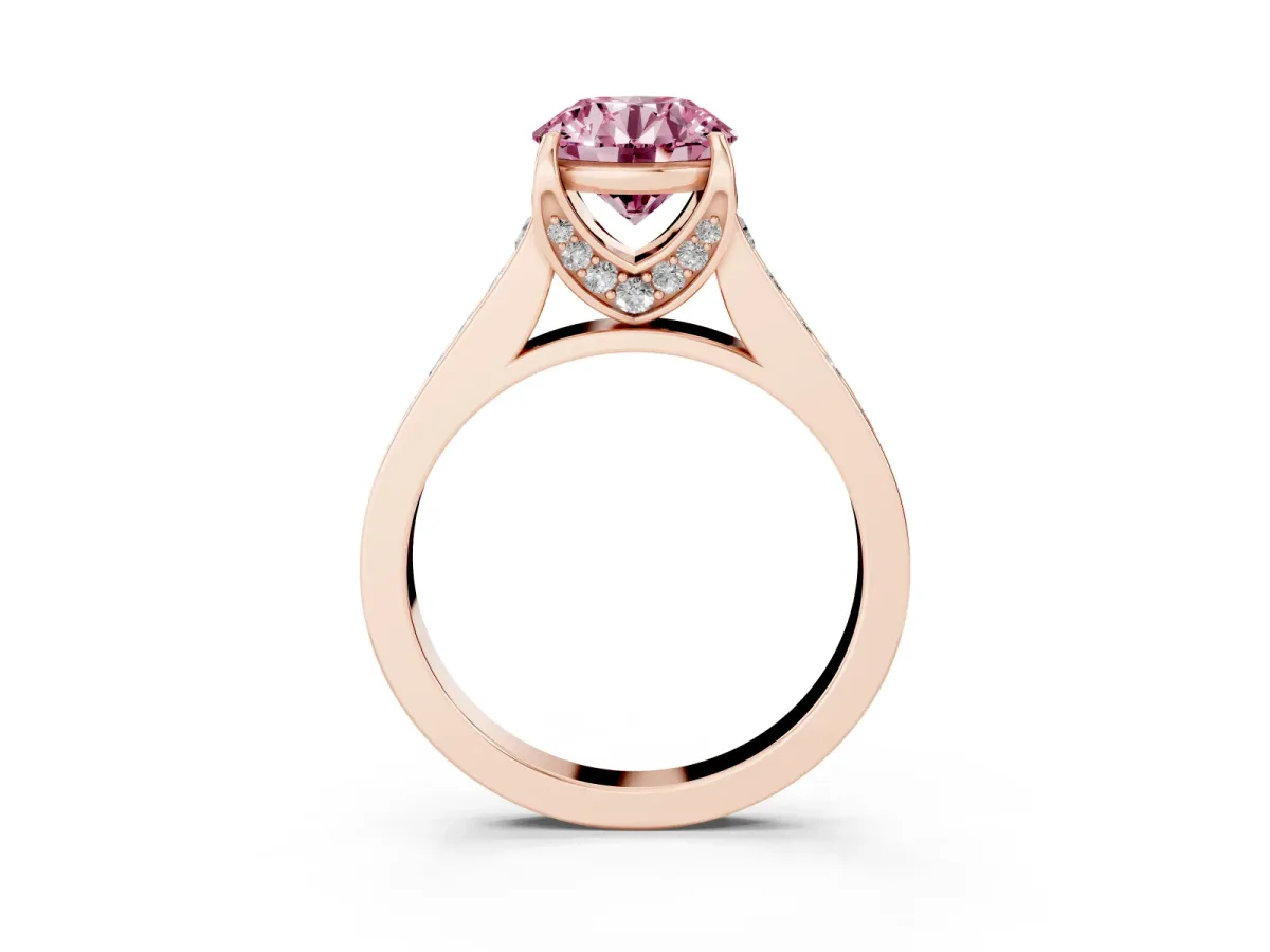 Fancy Pink Round Cut Brilliant Cut Diamond Engagement Ring with Pavé Band and Four-Prong Setting Rose gold