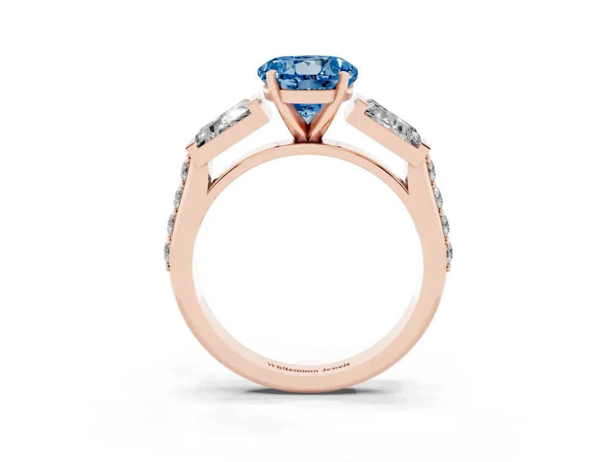 Fancy Blue Round Cut Diamond Engagement Ring with Baguette Side Stones and Channel Set Band Rose gold