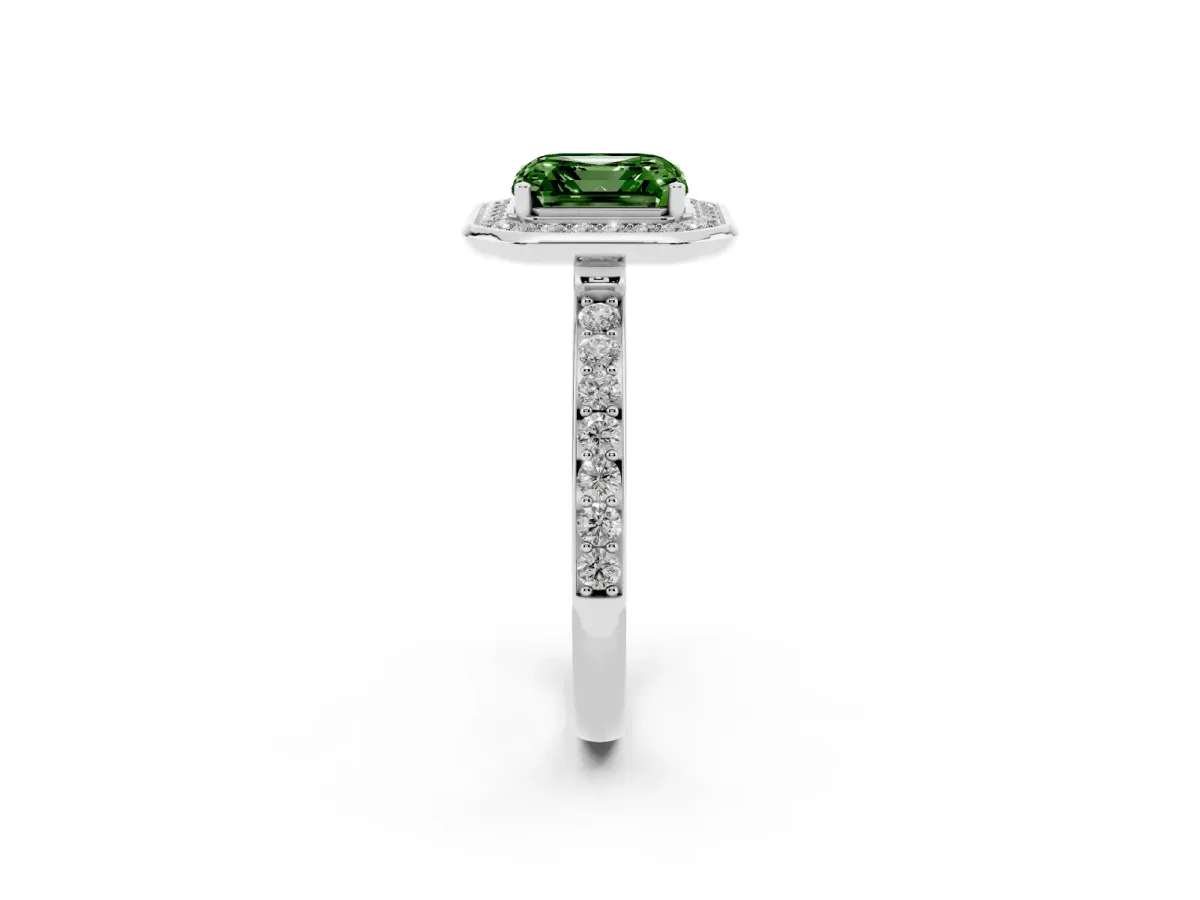 Fancy Green Asscher Cut Diamond Halo Ring with Bezel Frame and Pavé Band Silver