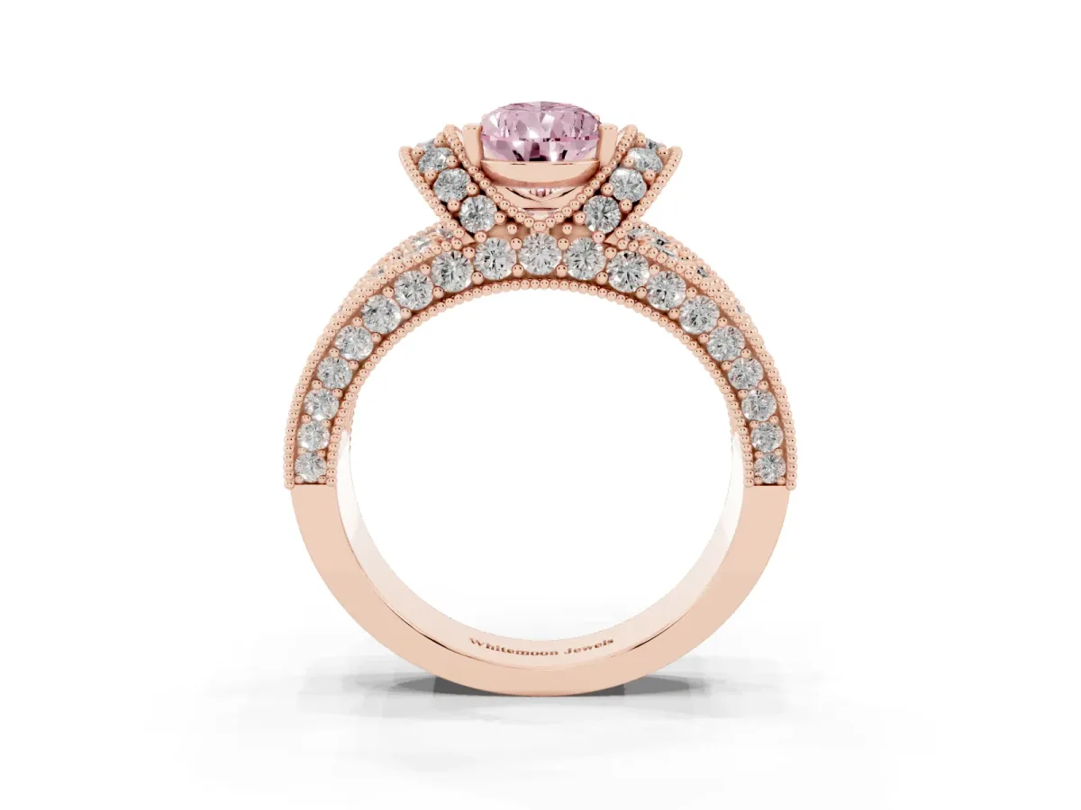 Fancy Pink Pear Cut Halo Pave Diamond Engagement Ring with Milgrain Detailing Rose gold