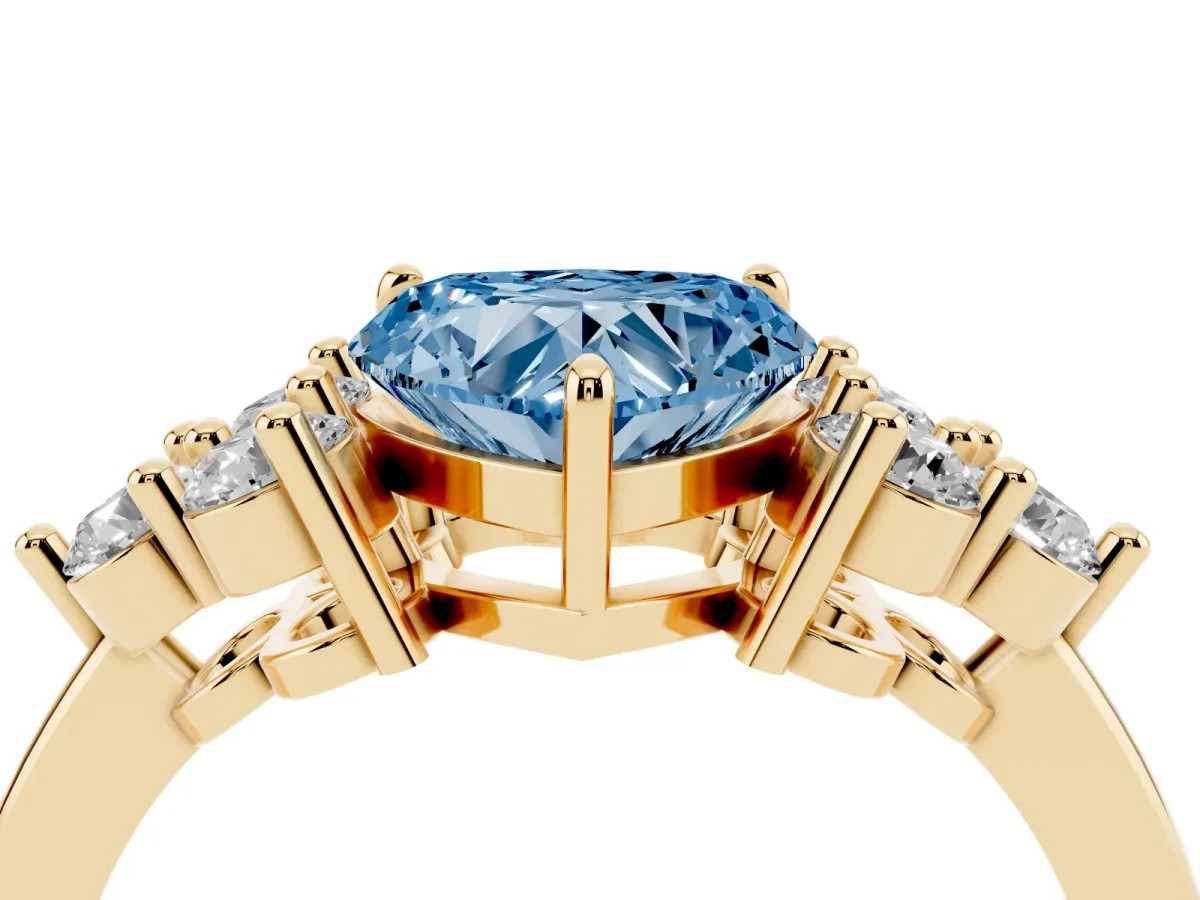 Fancy Blue Heart Cut Brilliant Diamond Cluster Accent Solitaire Ring with Prong Setting Yellow gold
