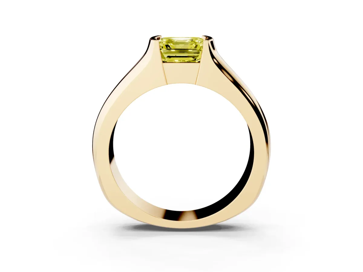 Fancy Yellow Asscher Cut Solitaire Bezel Set Diamond Ring with Wide Band Yellow gold