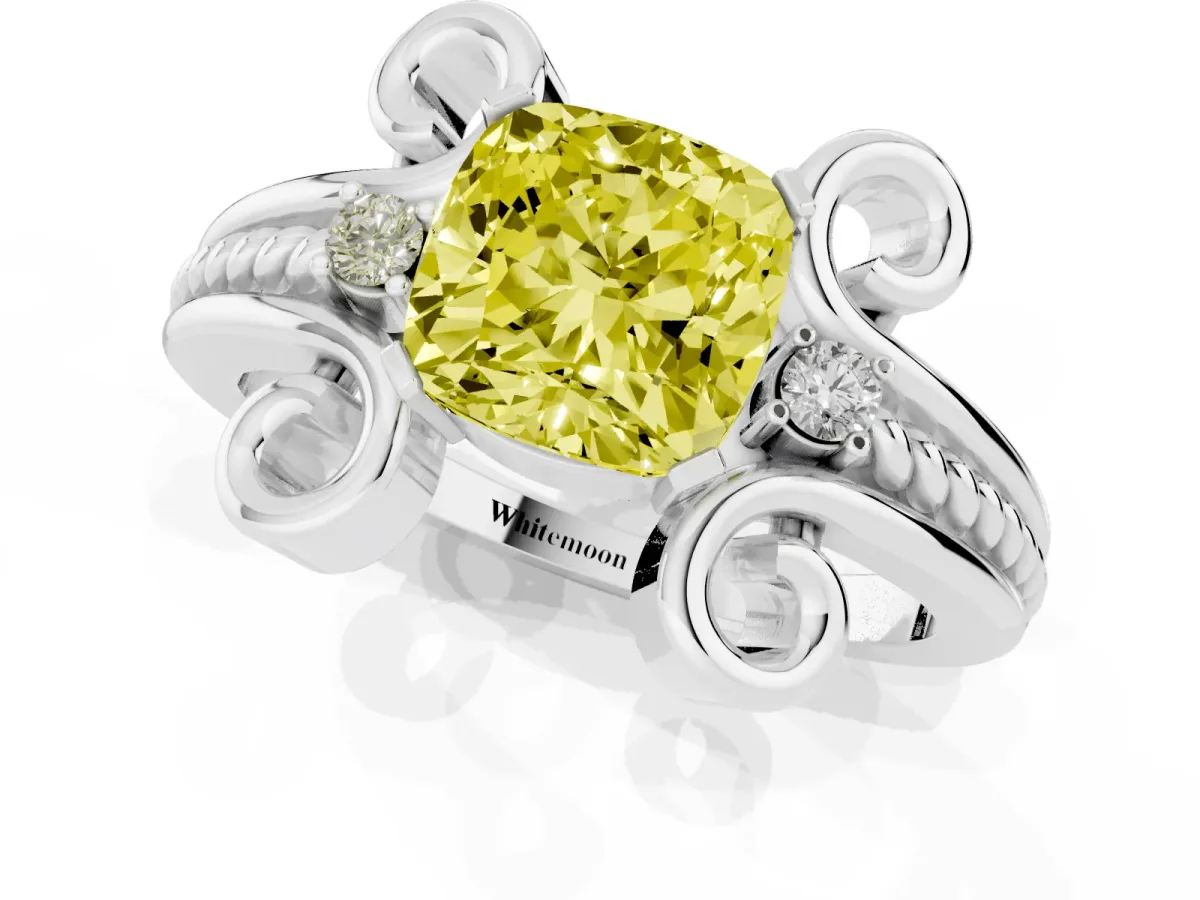 Fancy Yellow Cushion Cut Solitaire Twisted Band Scroll Prong Ring Platinum