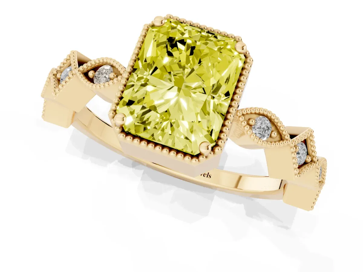 Fancy Yellow Radiant Cut Milgrain Marquise Diamond Twist Band Ring Yellow gold