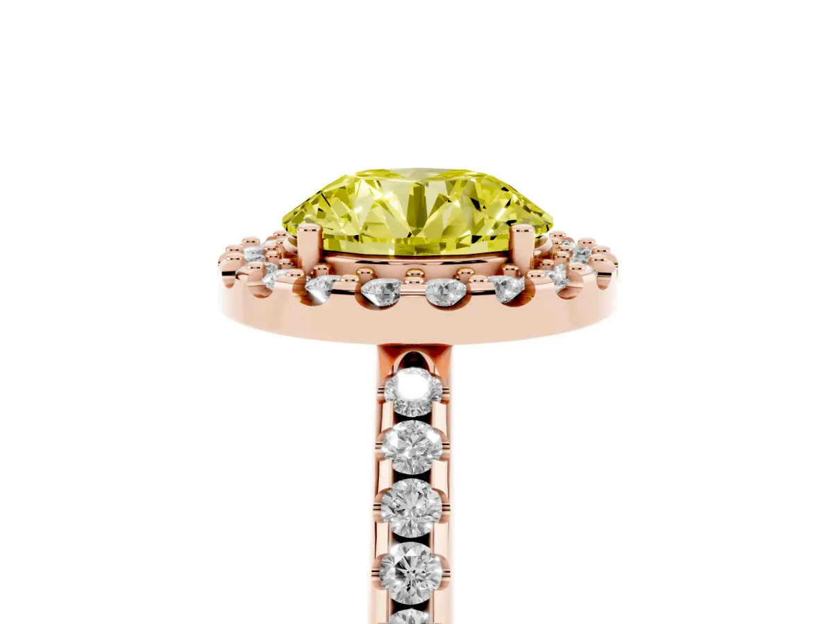 Fancy Yellow Round Cut Diamond Pavé Halo Ring with Four-Prong Setting Rose gold