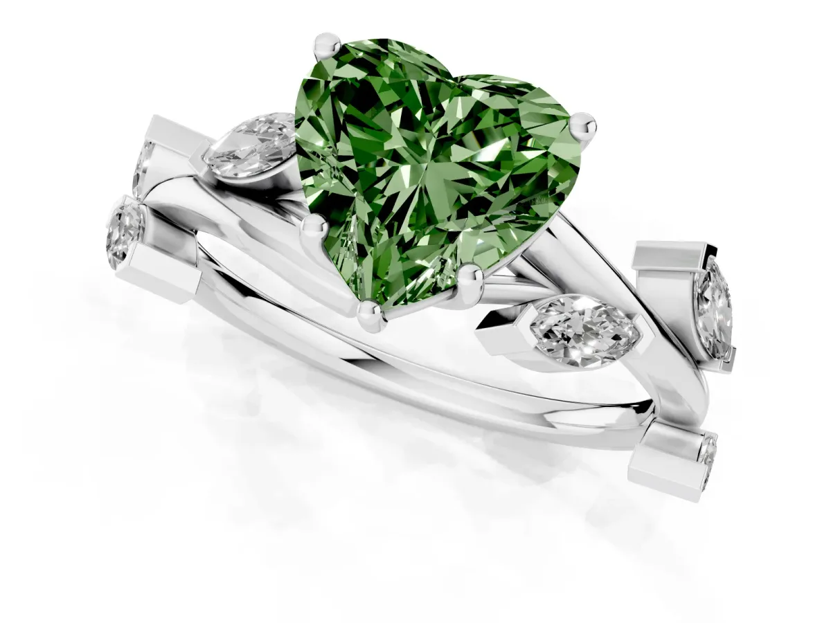 Fancy Green Heart Cut Solitaire Twisted Band Marquise Accent Prong Setting Ring Silver