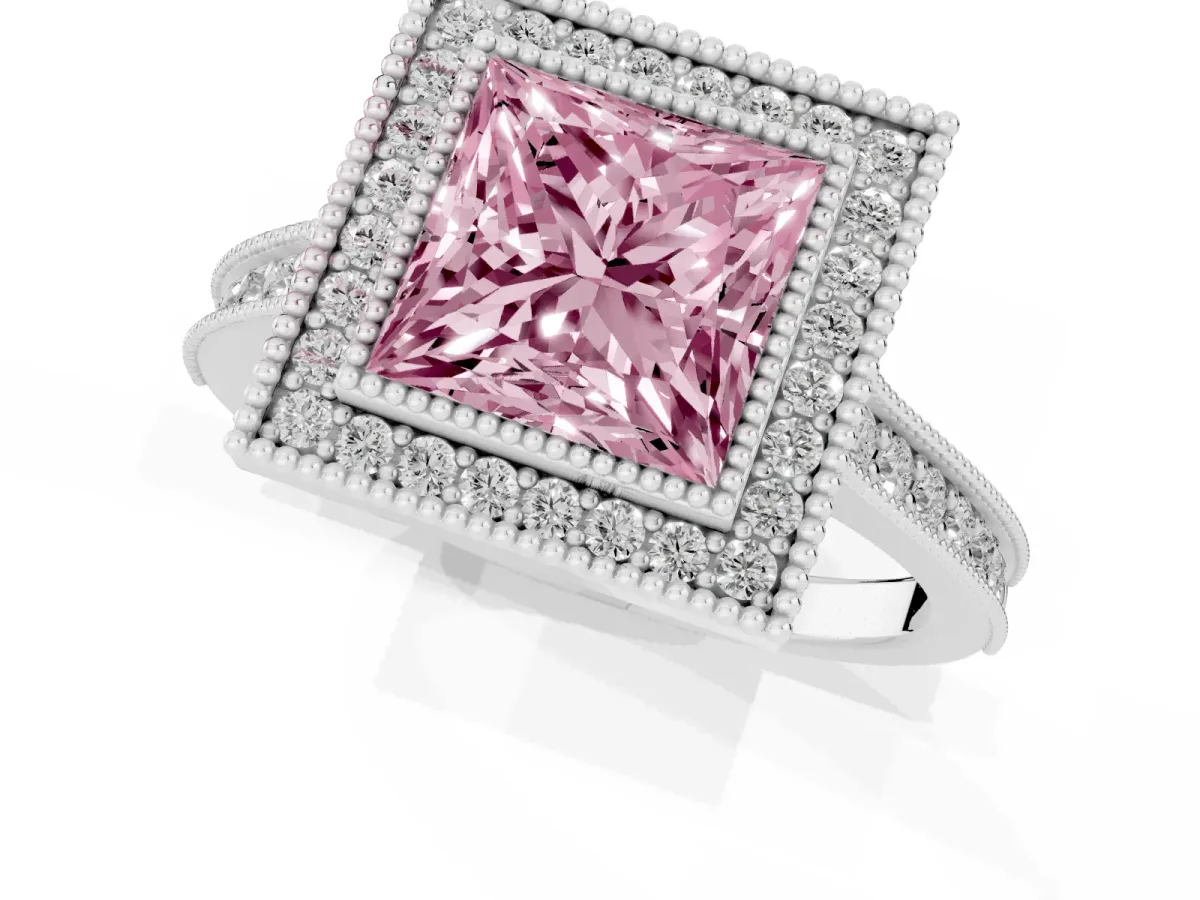 Fancy Pink Halo Princess Cut-Cut Diamond Pave Band Milgrain Prong Setting Ring Platinum