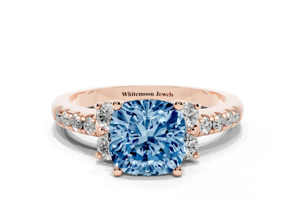 Fancy Blue Cushion Cut Diamond Three-Stone Pave Band with Four-Prong Setting Rose gold
